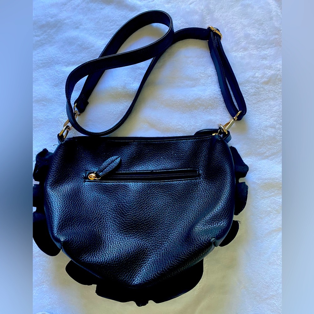 Black leather ruffle crossbody purse gold detail removable strap
